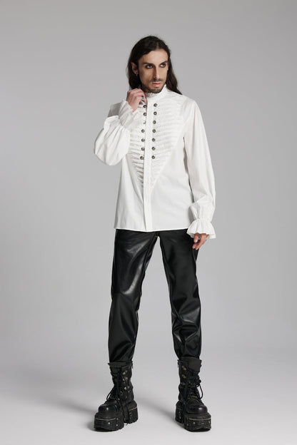 White Stand Collar Beast Buckle Long Sleeves Ruffle Gothic Blouse