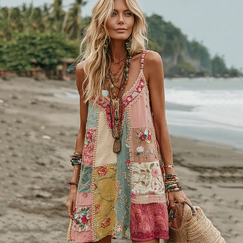 Women's Vintage Rose Floral Art Patchwork Comfy Midi Dress elevenforest