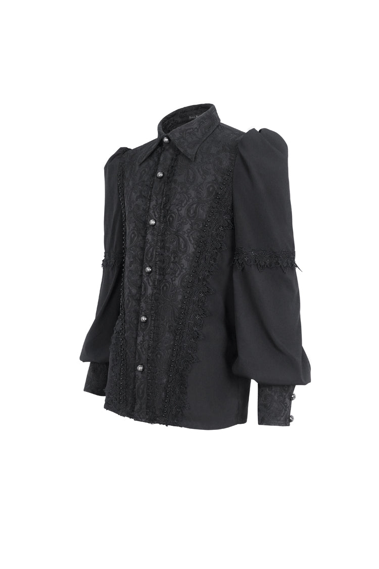 Black Lapel Collar Lantern Sleeves Jacquard Embroidery Gothic Blouse