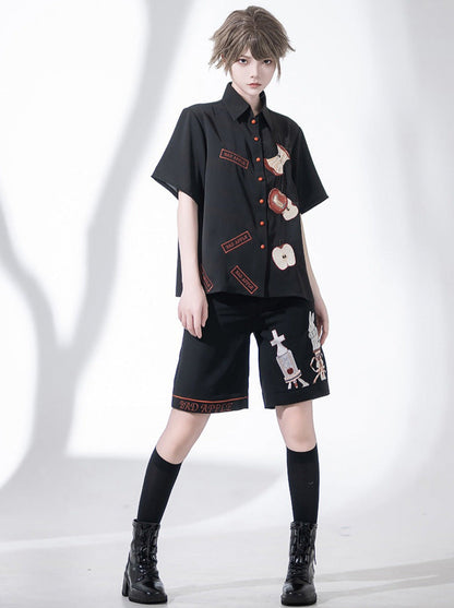 Bad Apple Embroidered Handsome Loose Summer Shirt Short Pants Set