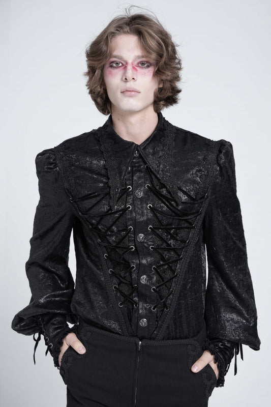 Black Long Puff Sleeves Jacquard Lace Gothic Blouse