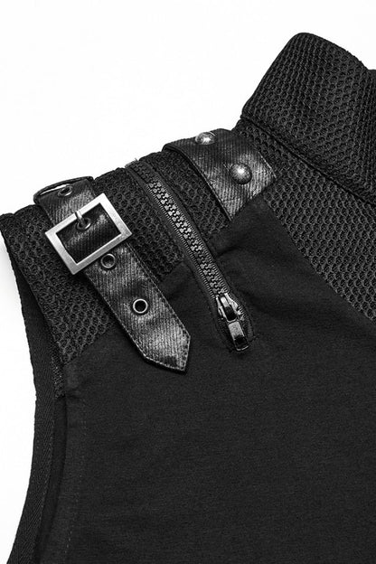 Black Stand Collar Sleeveless Stitching Mesh Zipper Punk Vest