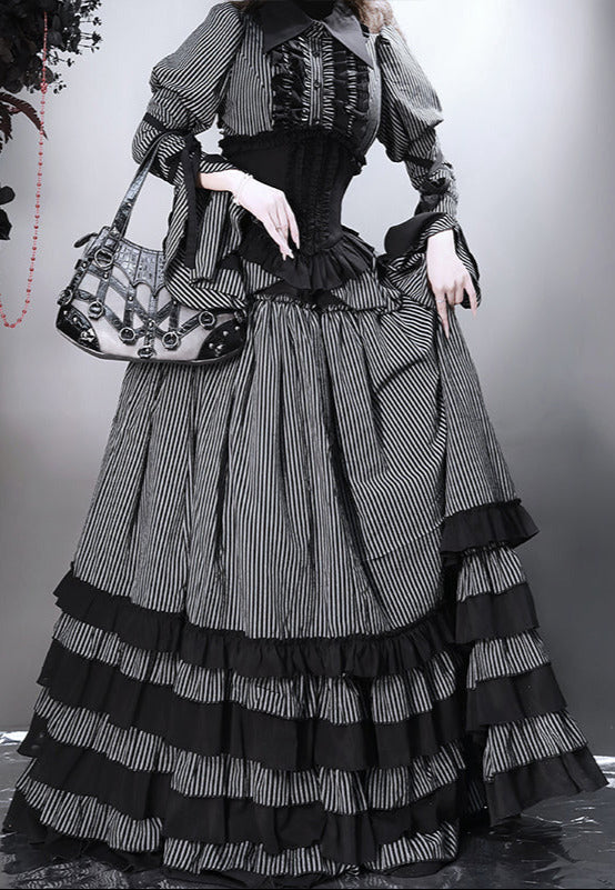 [pre-order] Dark Striped Gusset-sleeved Shirt + Corset + Skirt