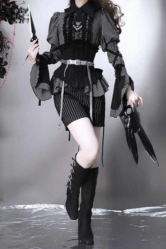 [pre-order] Dark Striped Gusset-sleeved Shirt + Corset + Skirt