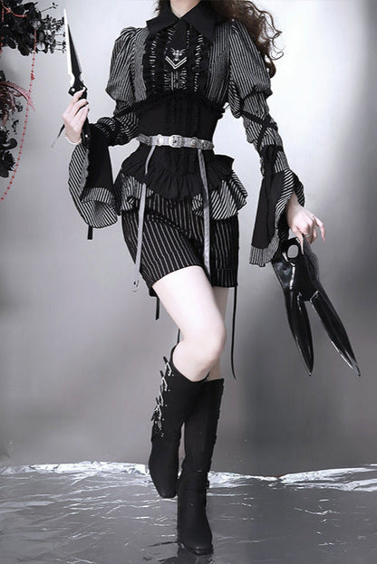 [pre-order] Dark Striped Gusset-sleeved Shirt + Corset + Skirt