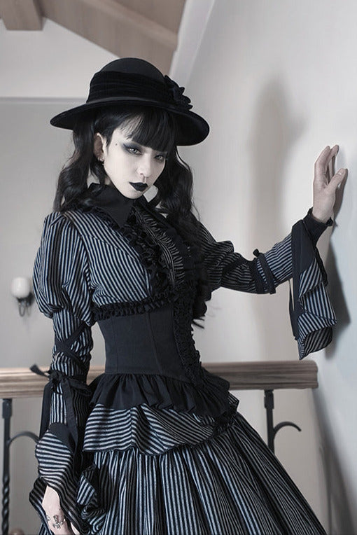 [pre-order] Dark Striped Gusset-sleeved Shirt + Corset + Skirt