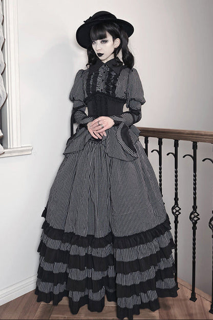 [pre-order] Dark Striped Gusset-sleeved Shirt + Corset + Skirt
