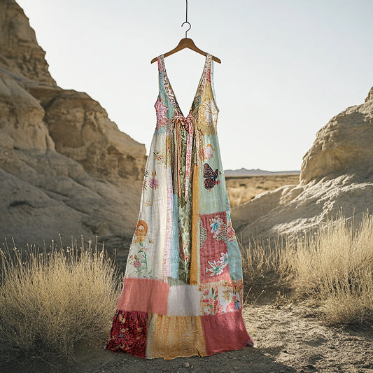 Women's Vintage Bohemian Floral Patchwork Cotton And Linen Dress elevenforest