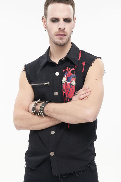 Black Punk Simple Everyday Stand Collar Print Sleeveless Shirt