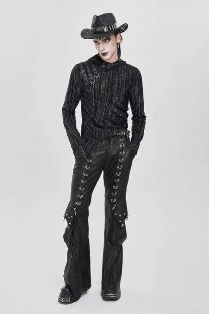 Black Long Sleeves Irregular Hooded Straps Eyelet Punk Blouse