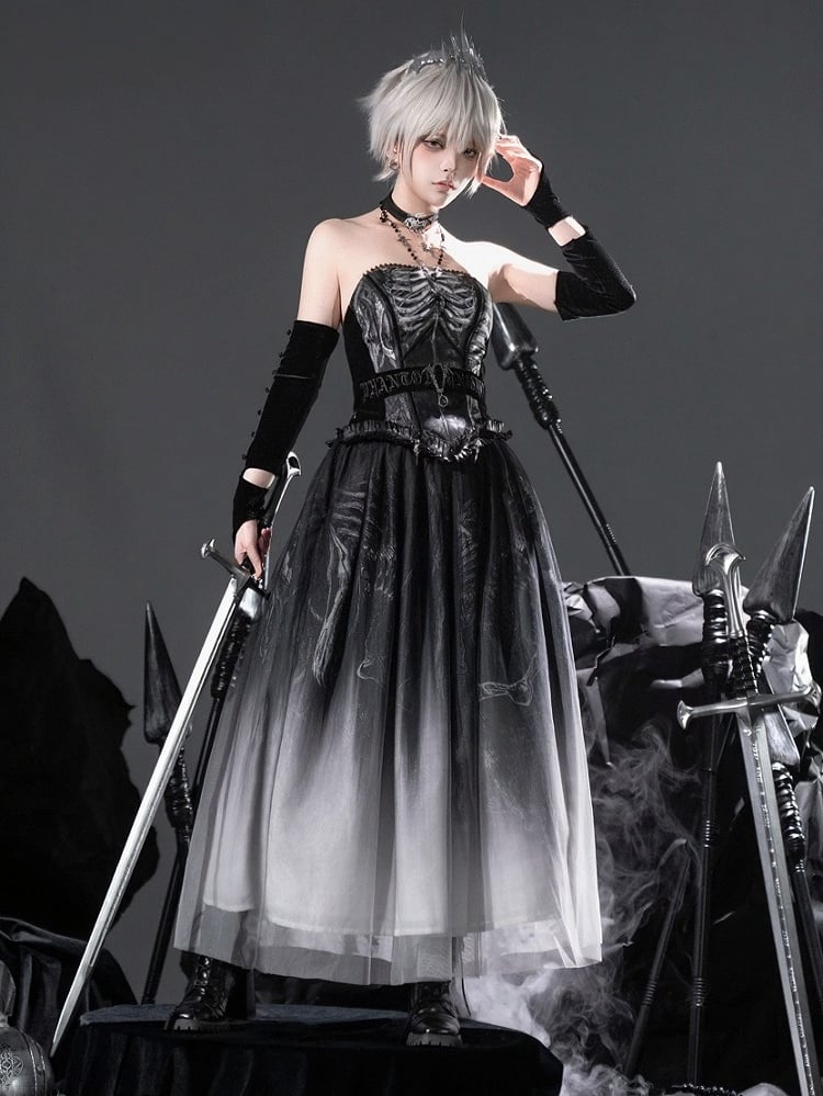 [pre-order Deadline: June 8] Phantom Knight Dark Gothic Skeleton Bustier Corset Top (with Cross Straps + Waist Belt)