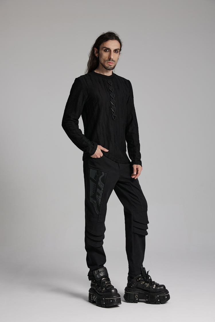 Black Round Collar Long Sleeves Triangle Buckle Punk T-shirt
