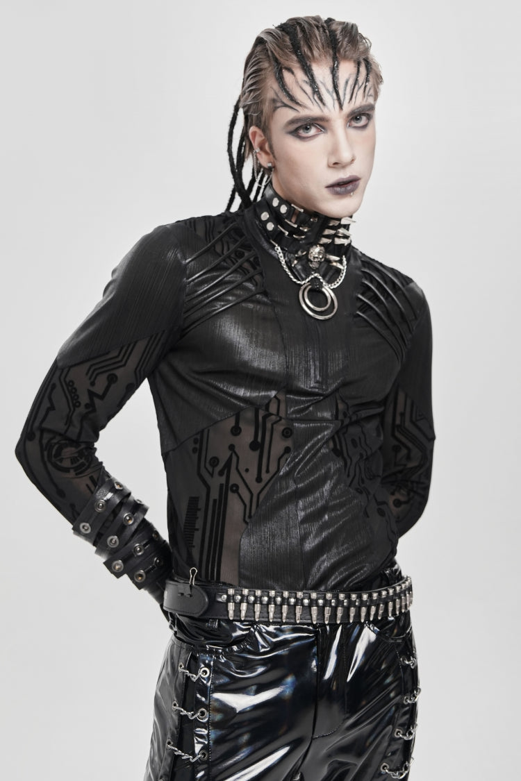 Black Long Sleeves Circuit Board Print Punk Blouse