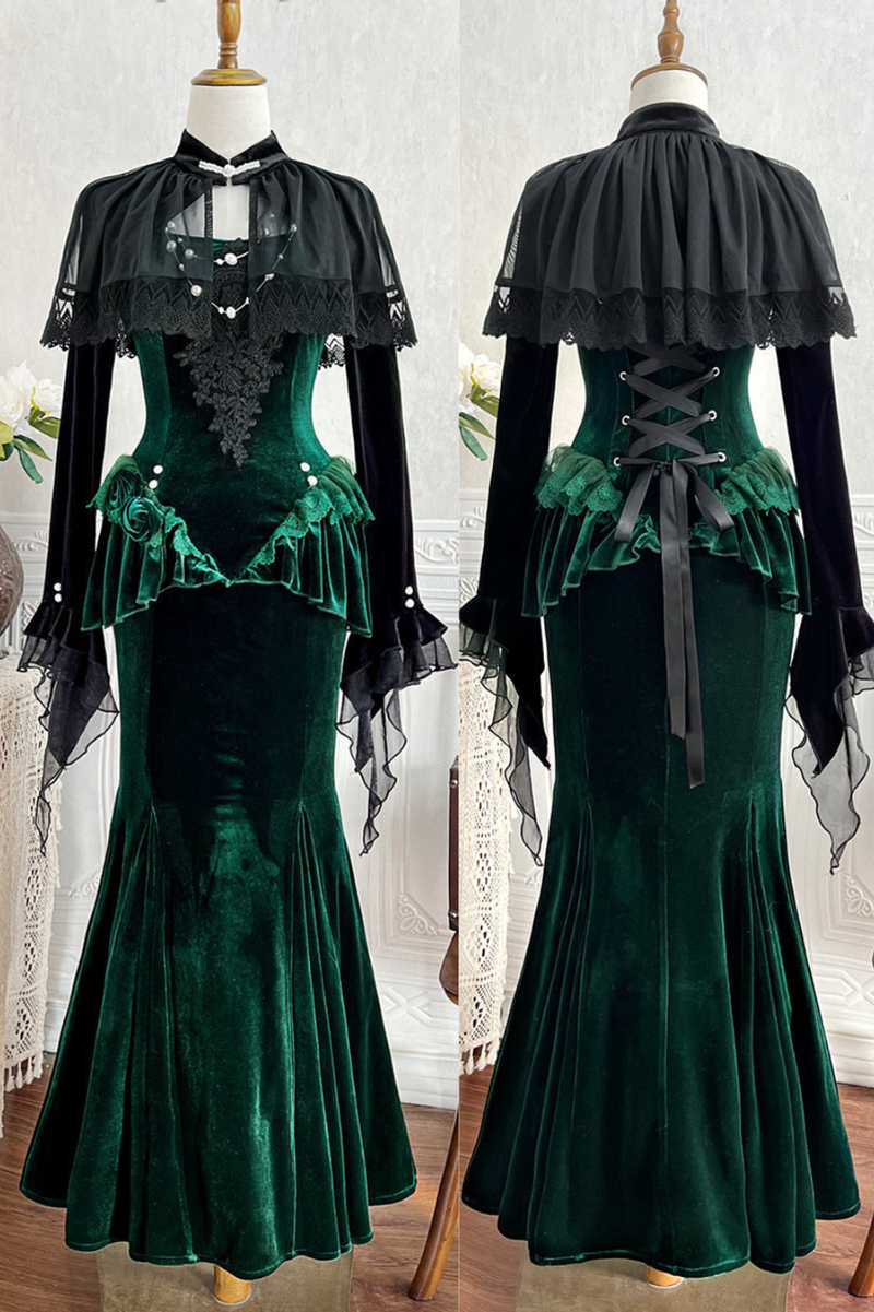 [pre-order] Dark Forest Lolita Fishtail Dress + Long Sleeve Short Cape