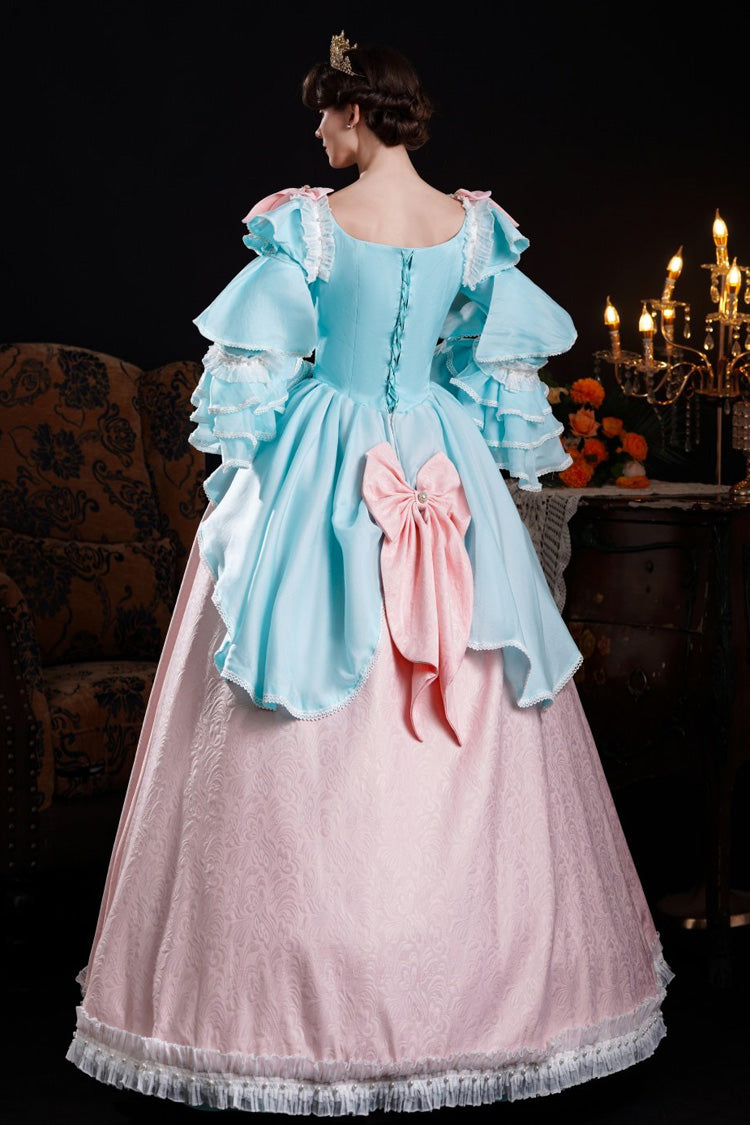Blue/pink Square Collar Long Trumpet Sleeves Triple-layered Ruffled Open-front Bow Classic Palace Lolita Victorian Dress