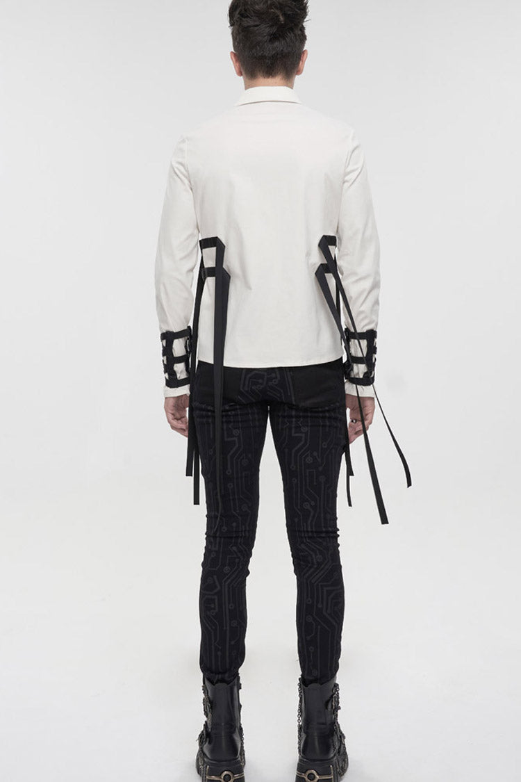 White Punk Nylon Strap Metal Buckle Decoration Long Sleeve Elasticity Thick Shirt