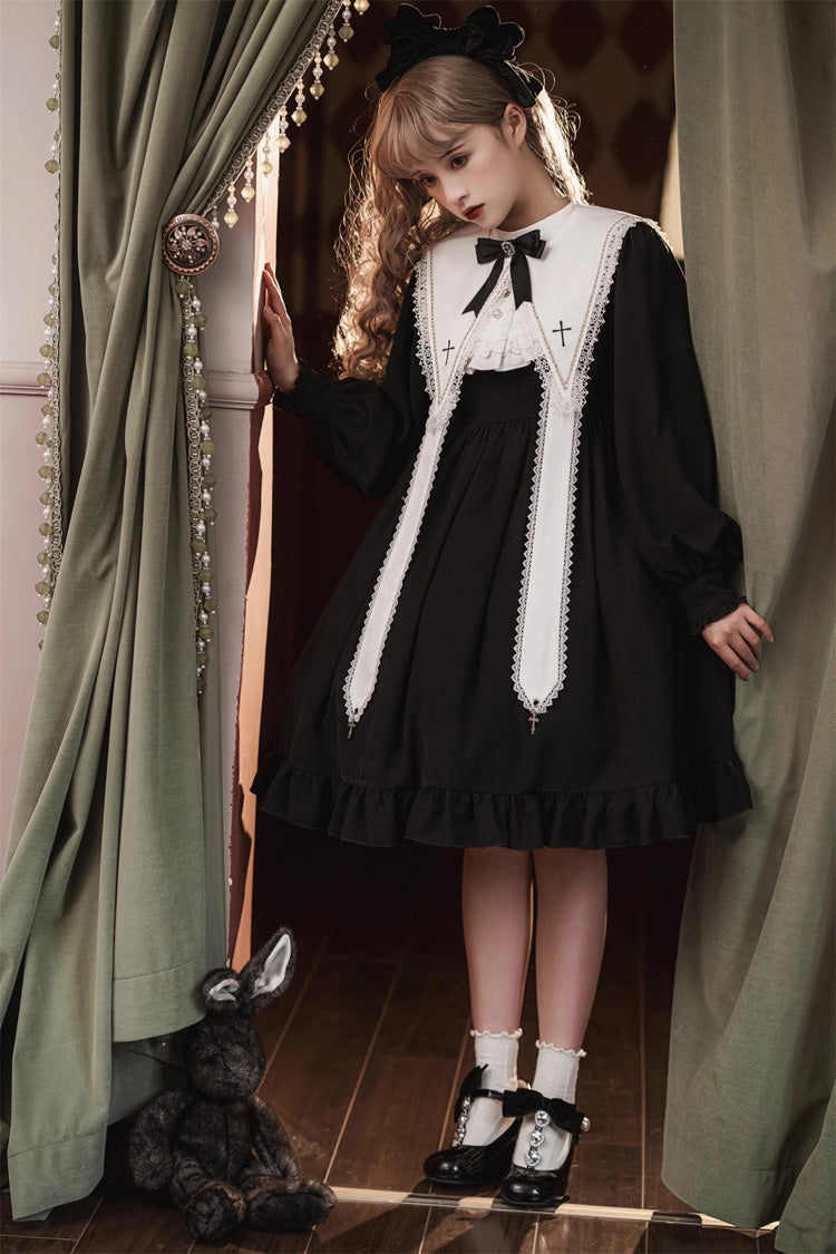 Black Long Sleeves Ruffle Bowknot Classic Gothic Nun Lolita Dress