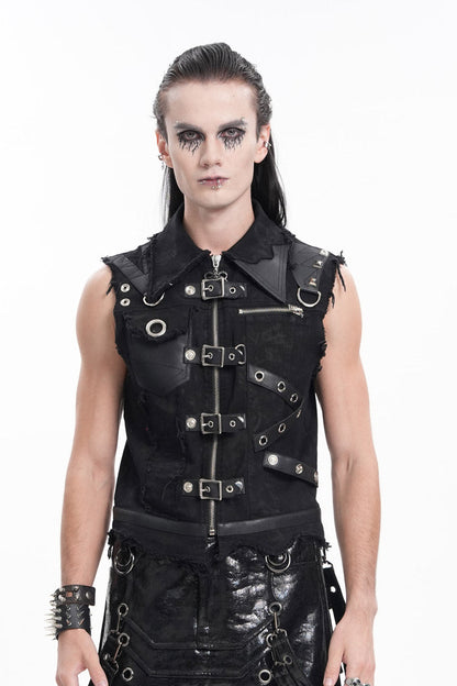 Black Lapel Collar Sleeveless Ripped Buckle Eyelets Gothic Vest