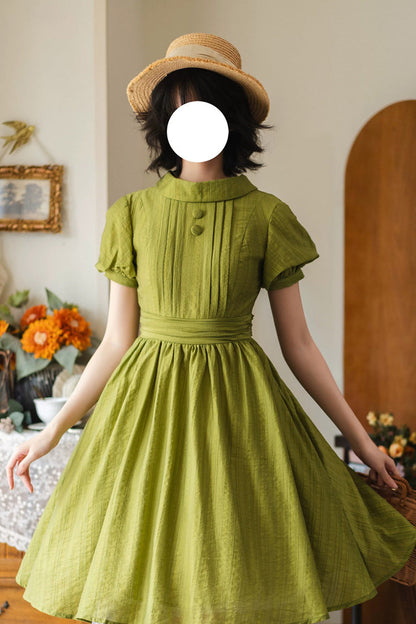 Green [forest Gallery] High Collar Short Lantern Sleeves Pastoral Style Classic Lolita Dress