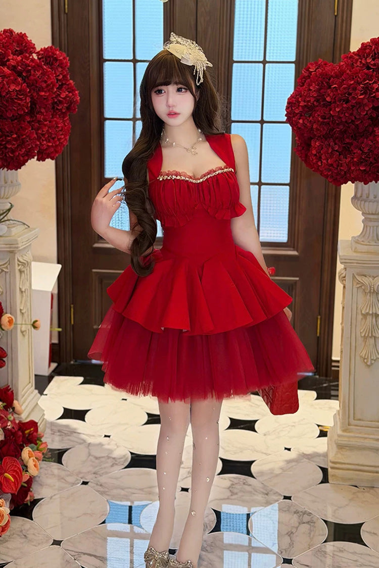 Red [romantic Rose] Square Collar Sleeveless Ruffled Classic Ballet Lolita Dress