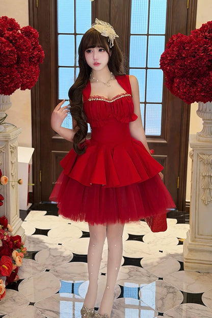 Red [romantic Rose] Square Collar Sleeveless Ruffled Classic Ballet Lolita Dress