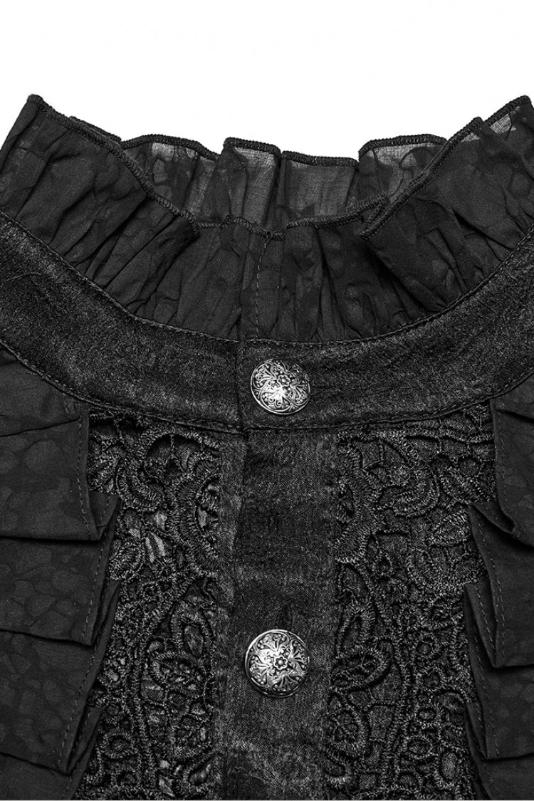 Black Stand Collar Long Puff Sleeves Jacquard Ruffle Embroidery Gothic Blouse