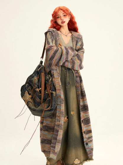 Retro Butterfly Patch Embroidery V-neck Slim Knit + Distressed Denim Long Skirt