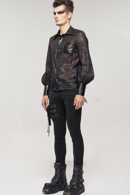 Black Punk Vertical Pattern Printing Cuff Drawstring Decoration See-through Shirt