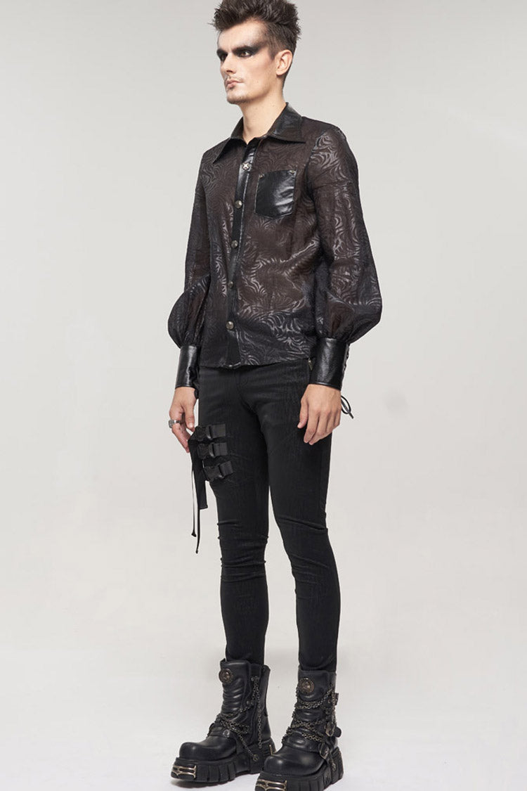 Black Punk Vertical Pattern Printing Cuff Drawstring Decoration See-through Shirt