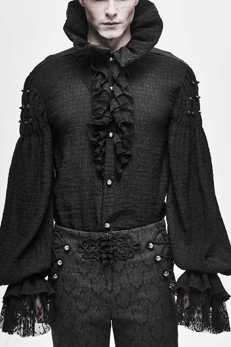 Black High Collar Chiffon Chest Frilly Beading Long Sleeve Lace Cuff Gothic Shirt