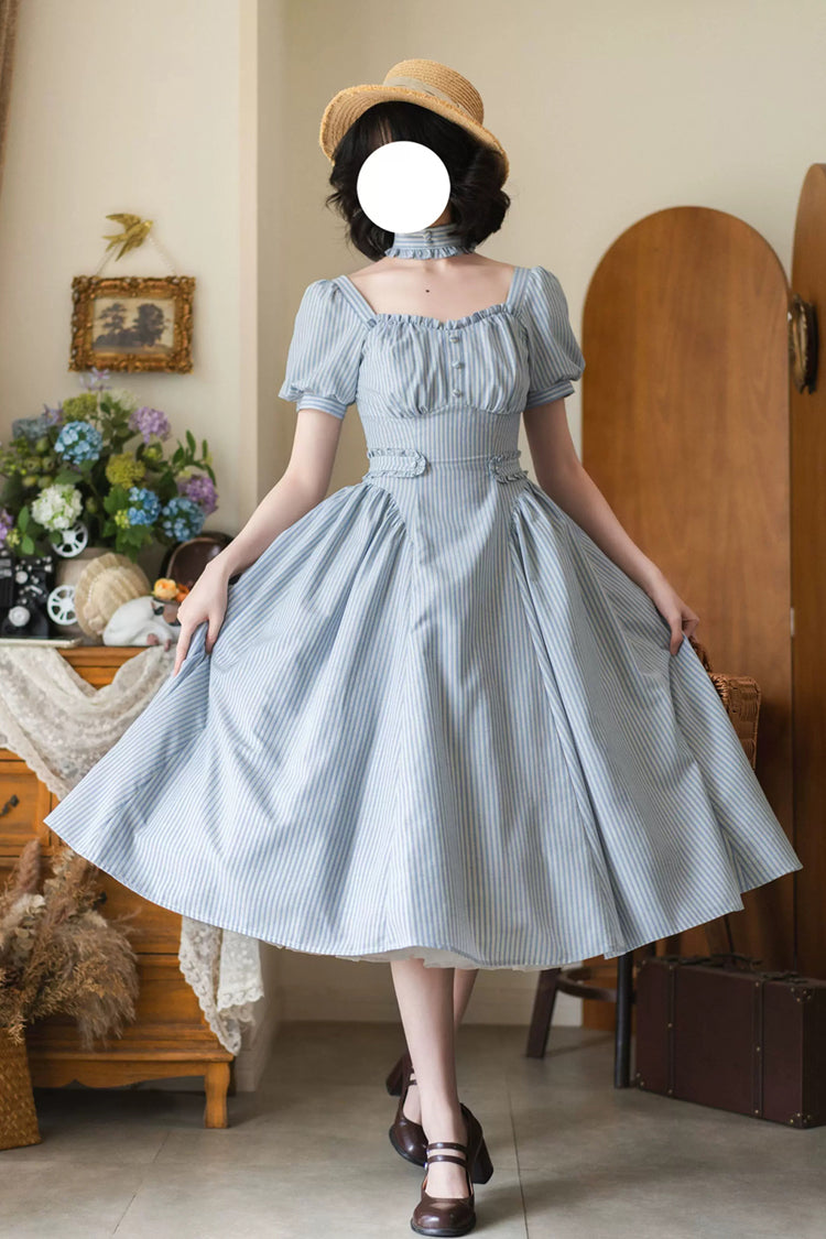 Light Blue [chantilly Forest] Square Collar Short Sleeves Striped Printed Ruffled Classic Lolita Dress