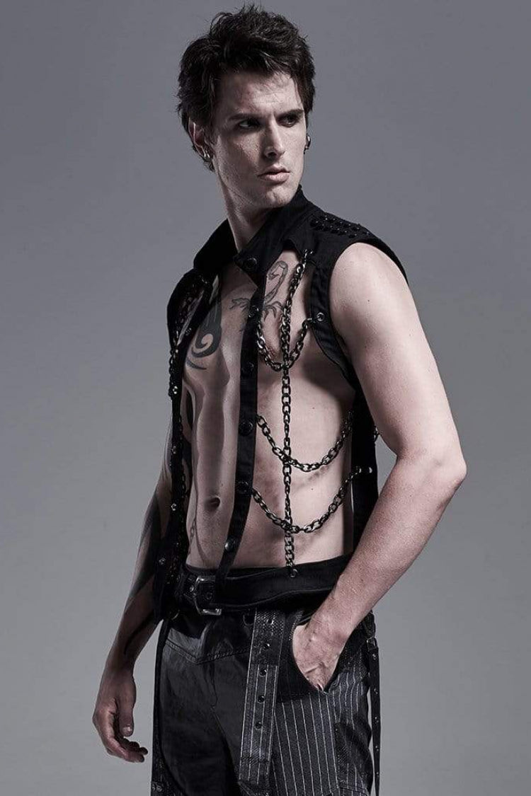 Black Stand Collar Single-breasted Metal Rivet Chain Decoration Hollow Steampunk Vest