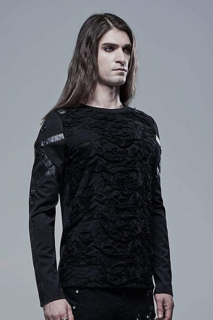 Black Long Sleeve Leather Strap Decoration Broken Holes Knit Punk T-shirt