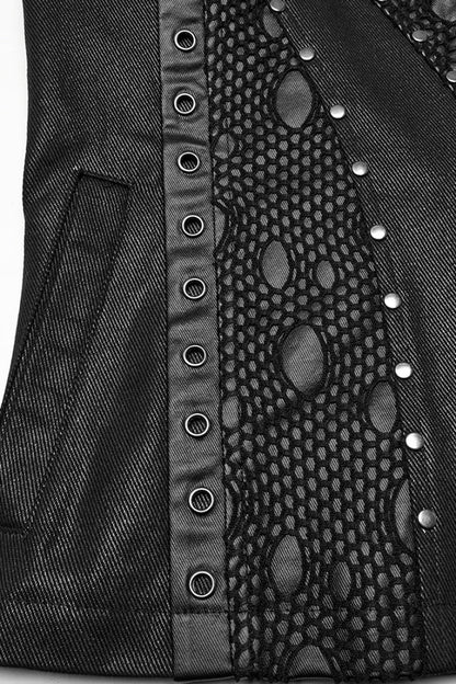 Black Stand Collar Stitching Mesh Punk Vest