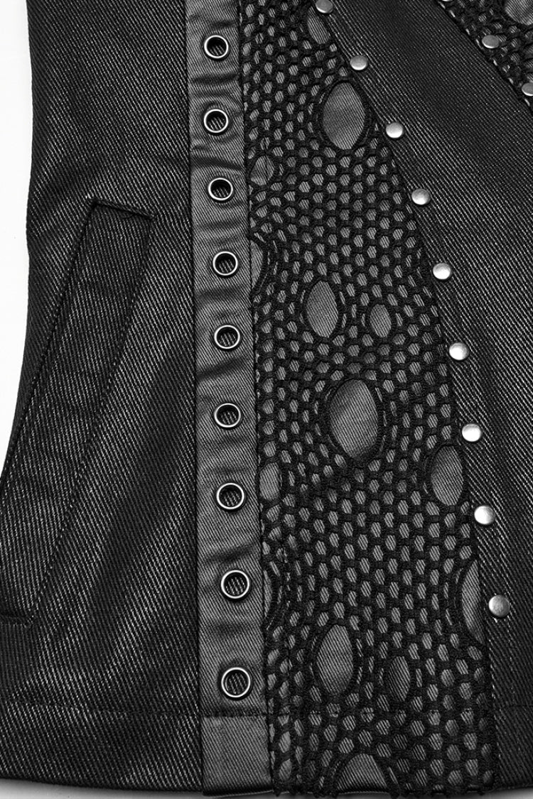 Black Stand Collar Stitching Mesh Punk Vest