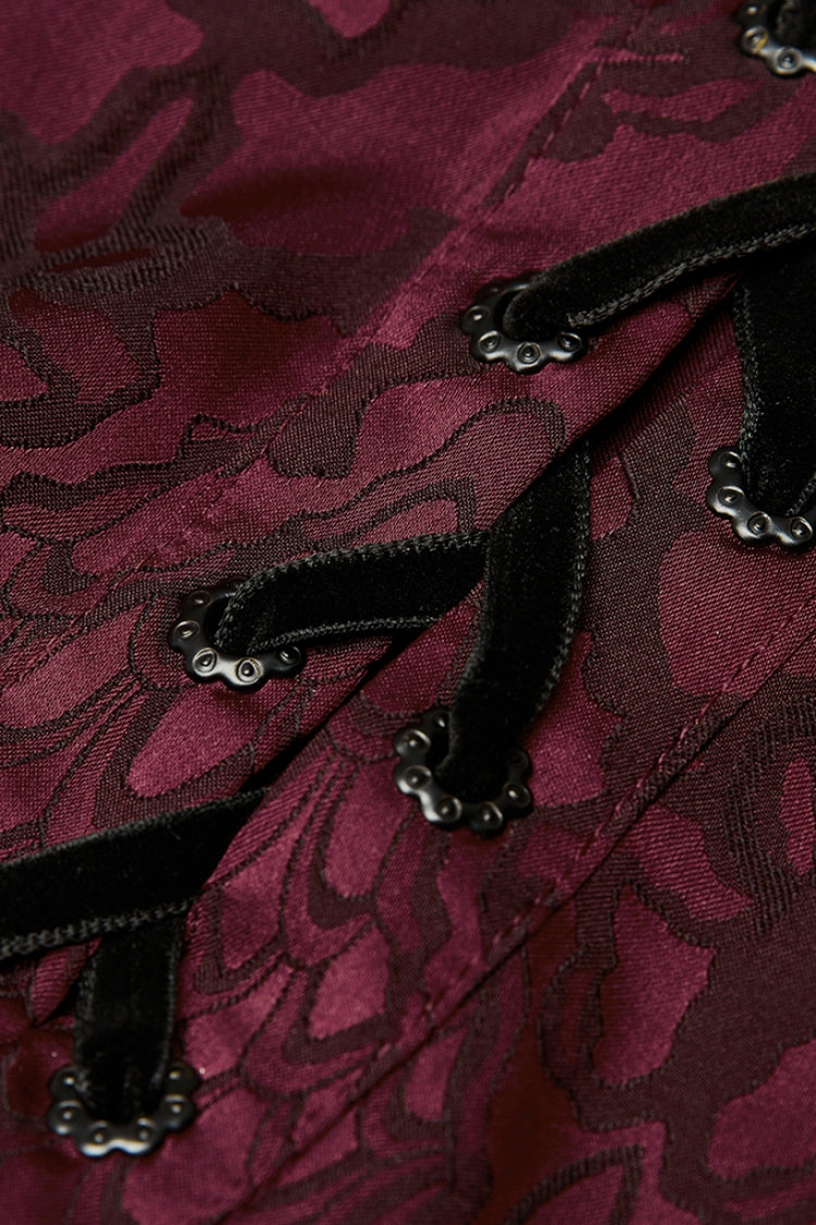 Jacquard Long Sleeve Front Metal Eyelets Lace Up Metal Carving Buckle Cuff Gothic Shirt 3 Colors