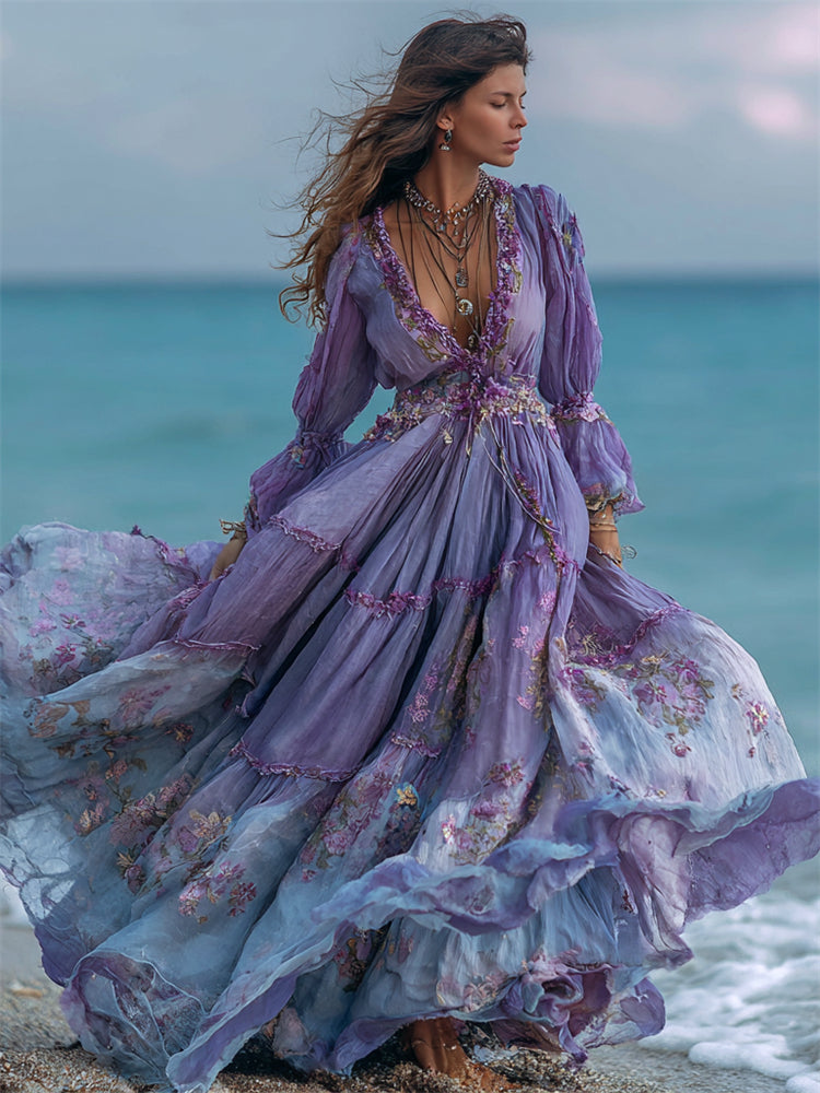 Boho Lavender Floral Lace Trim Flowy Linen Maxi Dress elevenforest