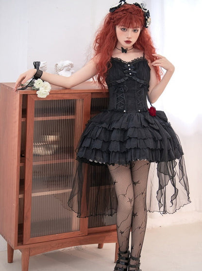 Rose Ribbon Tulle Lace Up Tiered Cami Dress