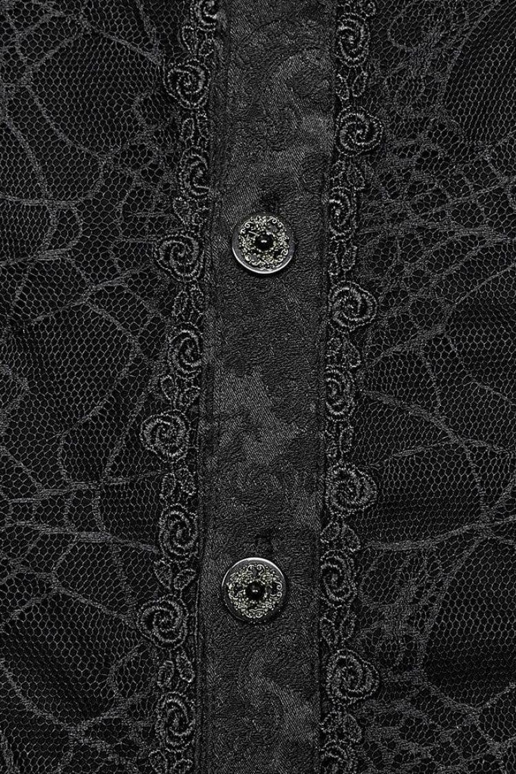 Black Stand Collar Long Puff Sleeves Jacquard Print Lace Gothic Blouse