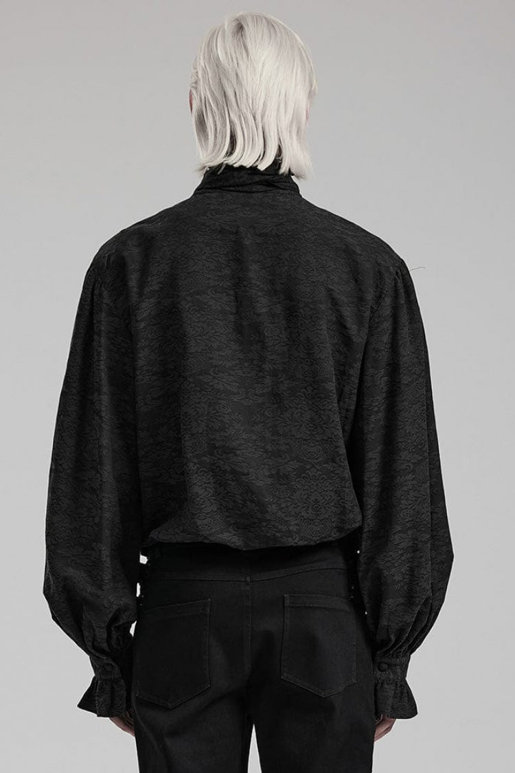Black Stand Collar Long Puff Sleeves Jacquard Print Gothic Blouse With Necktie