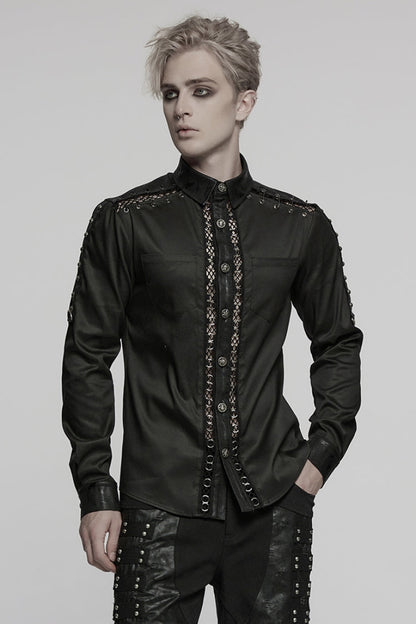 Black Lapel Collar Long Sleeves Stitching Pin Mesh Punk Blouse