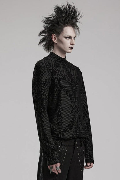 Black High Collar Long Sleeves Flocking Print Gothic T-shirt