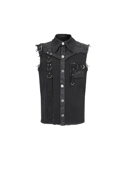 Black Sleeveless Buckle Splice Unedged Punk Vest