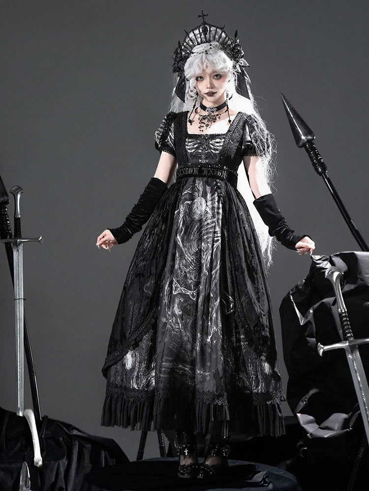 [pre-order Deadline: June 8] Phantom Knight Dark Gothic Square Neck Layered Dress (with Choker & Waist Belt)