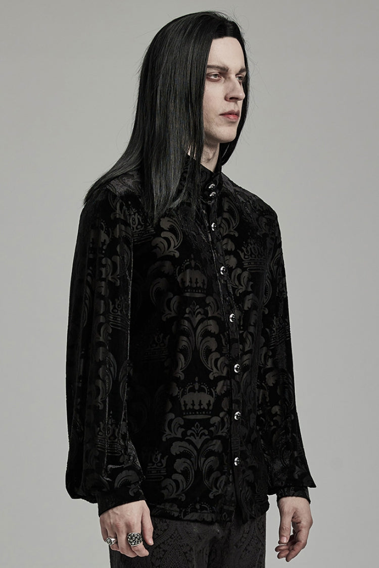 Black Stand Collar Puff Sleeves Jacquard Print Gothic Blouse