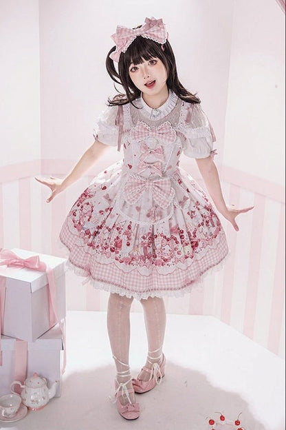 [pre-order Deadline: May 5] Pink Cherry Print Lace Ribbon Bunny Ear Apron Jsk Dress + Accessories
