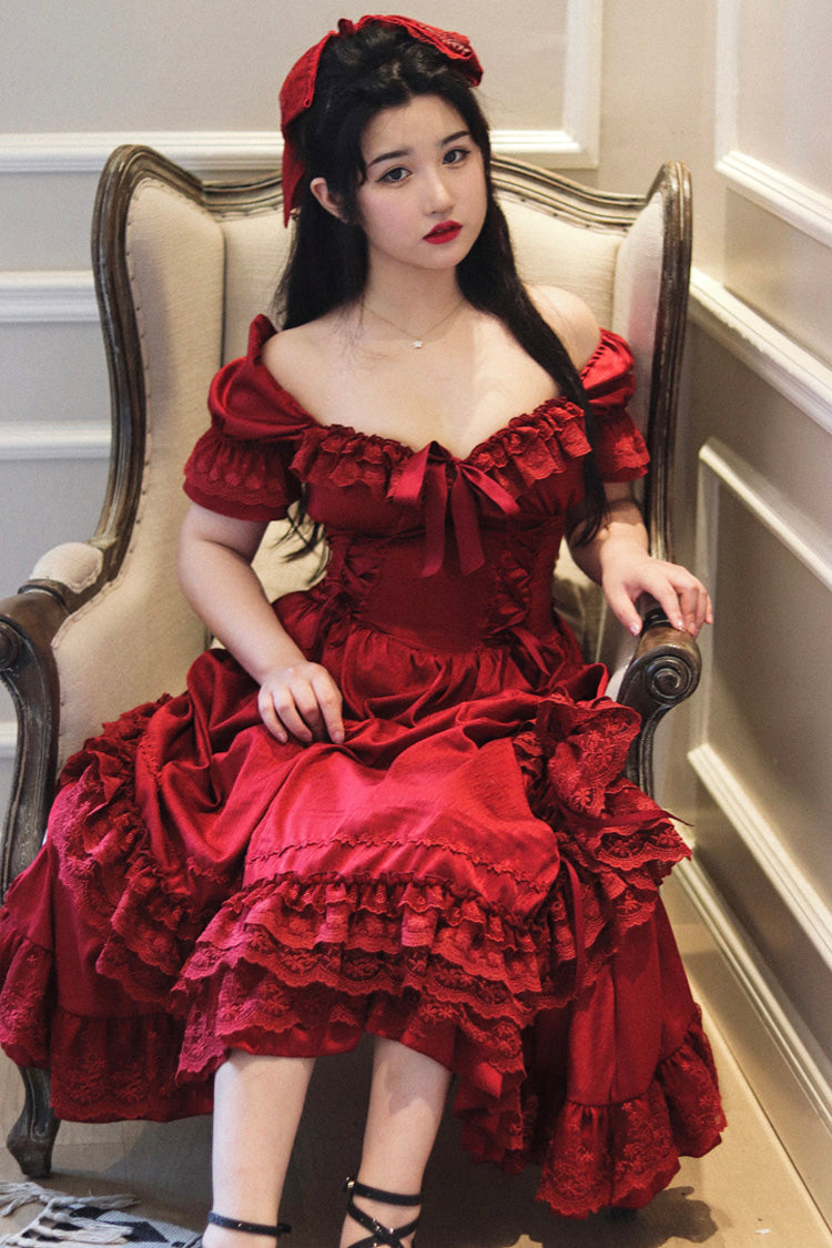 Red Short Puff Sleeves Multi-layered Ruffle Bowknot Classic Lolita Dress