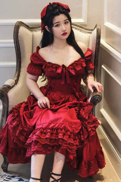 Red Short Puff Sleeves Multi-layered Ruffle Bowknot Classic Lolita Dress