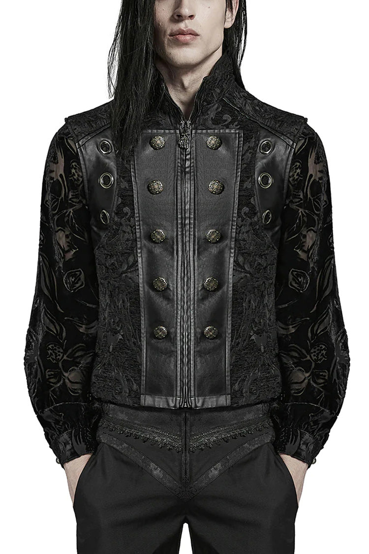 Stand Collar Jacquard Print Stitching Metal Ring Decoration Gothic Vest 2 Colors