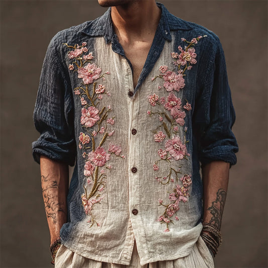 Vintage Floral Art Men's Gradient Linen Long Sleeve Shirt elevenforest